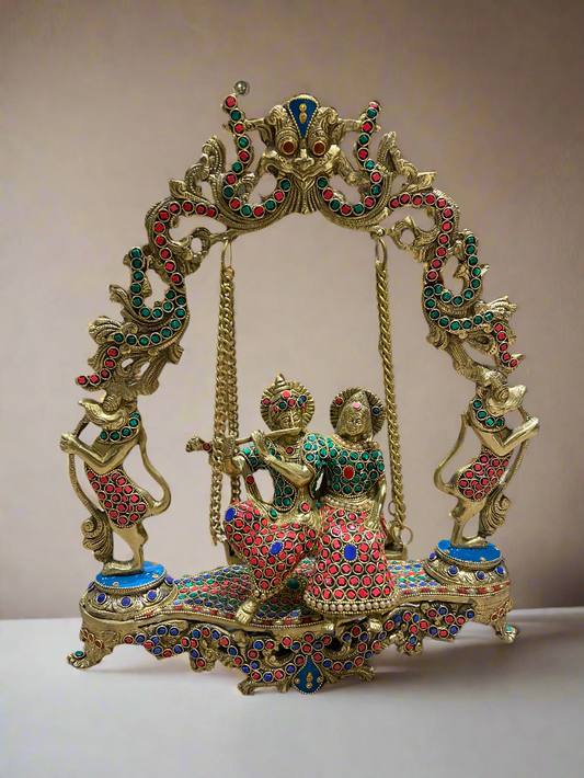 Brass Radha Krishna Swing with Intricate Stonework | Divine Jhula for Home Temple