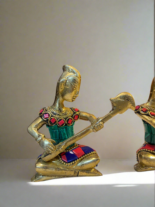 Brass Tribal Musicians Set with Gemstone Inlay