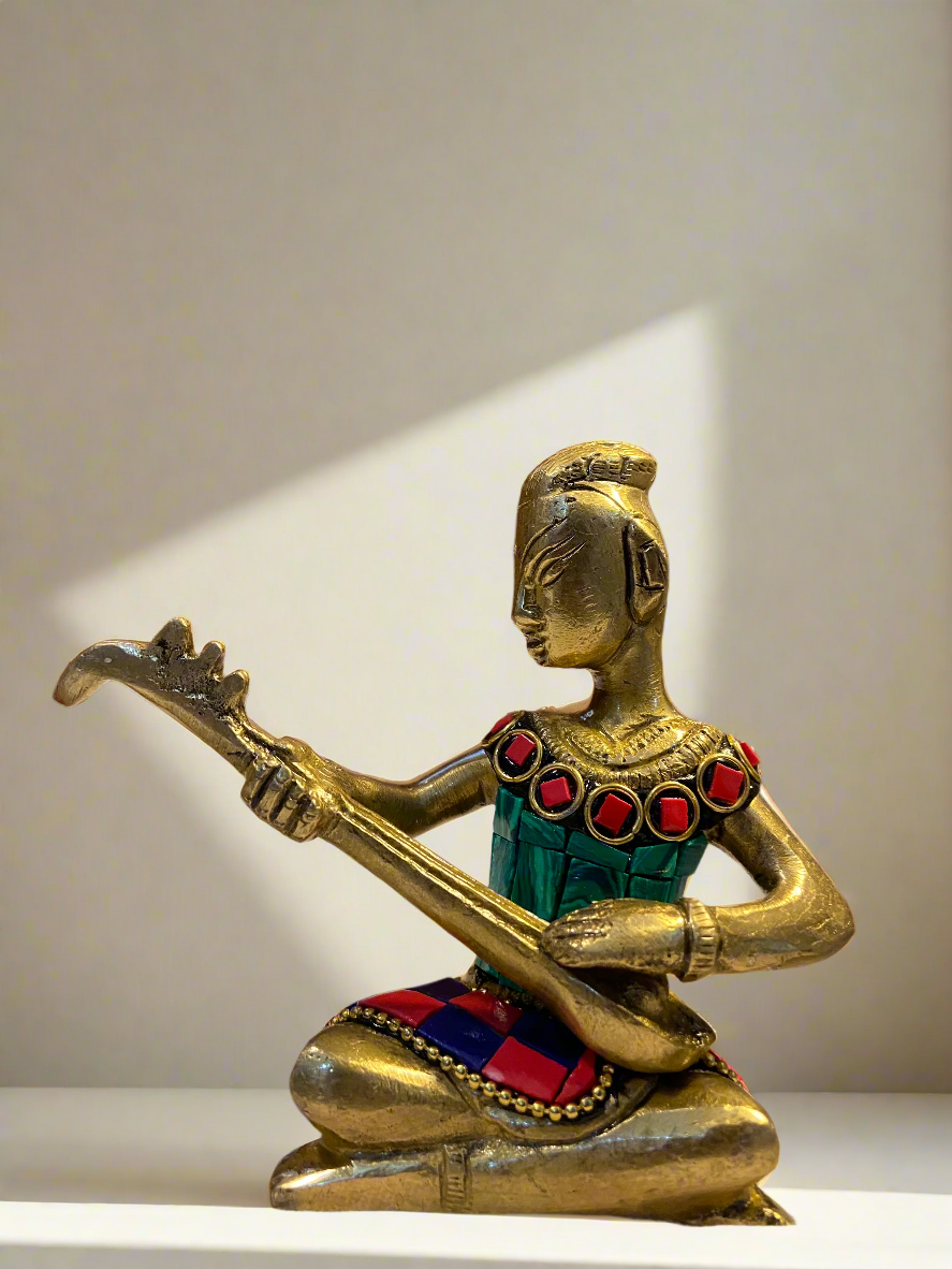 Brass Tribal Musicians Set with Gemstone Inlay