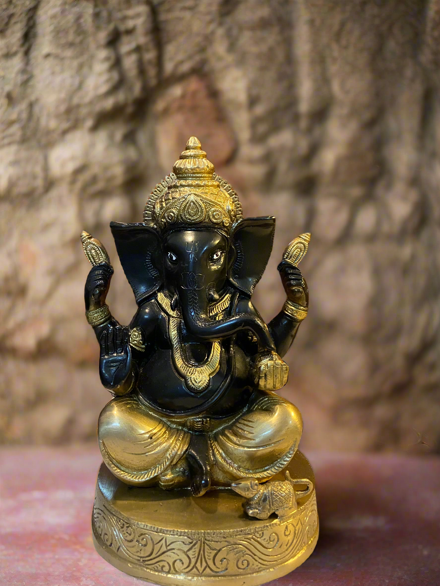 Black and Gold Brass Ganesha Statue | Handcrafted Indian Decor for Home and Temple