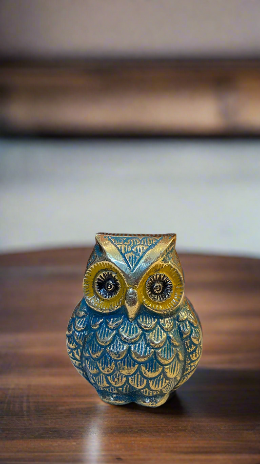 Brass Owl Statue in Blue and Gold | Symbol of Wisdom and Prosperity