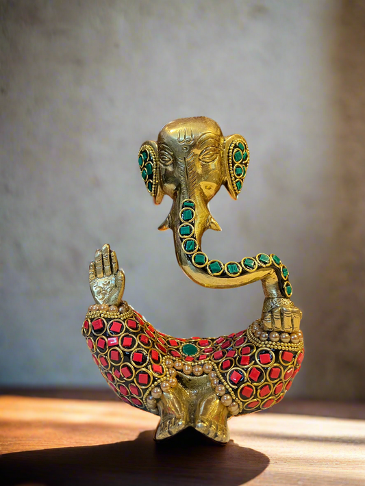 Brass Ganesha with Vibrant Stonework | Unique Sitting Pose Statue