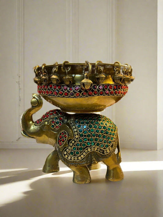 Handcrafted Brass Elephant Bowl with Enamel Inlay | Luxury Decorative Accent