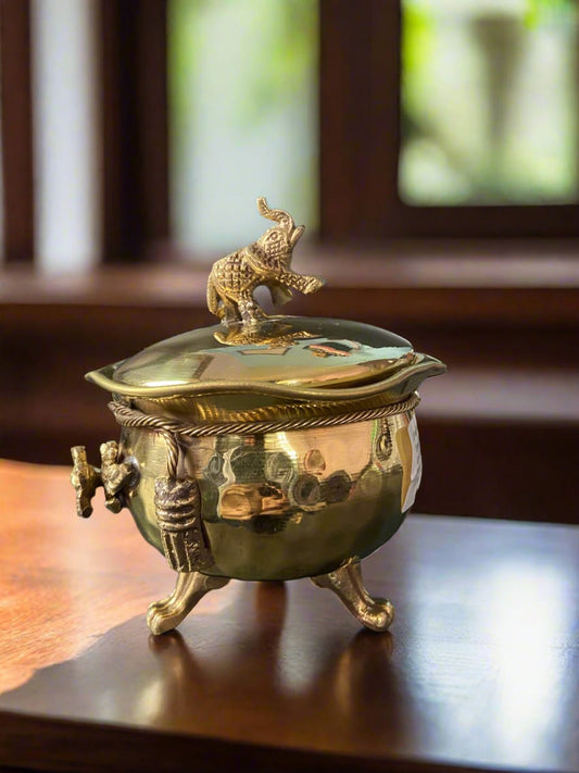 Brass Elephant Lid Pot – Decorative and Functional Heritage Bowl