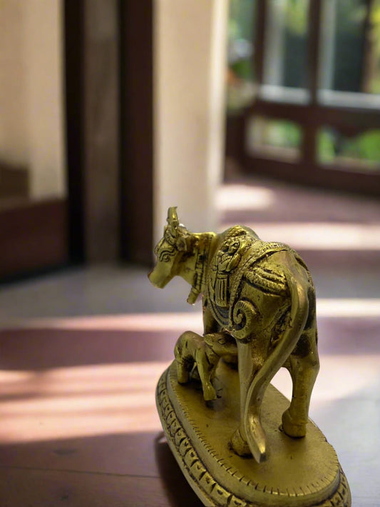 Brass Kamdhenu Cow and Calf Statue – With Radha Krishna