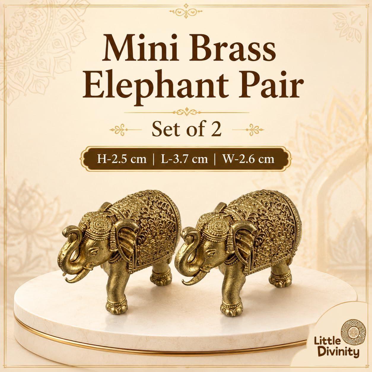 Mini Brass Elephant Idol Pair for Home Décor, Pooja Room & Mandir | Small Decorative Elephant Figurines Set of 2 | Brass Showpiece for Desk, Shelf, Gifting & Spiritual Décor — Detail view