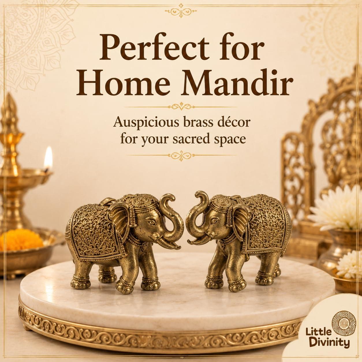 Mini Brass Elephant Idol Pair for Home Décor, Pooja Room & Mandir | Small Decorative Elephant Figurines Set of 2 | Brass Showpiece for Desk, Shelf, Gifting & Spiritual Décor — Lifestyle view