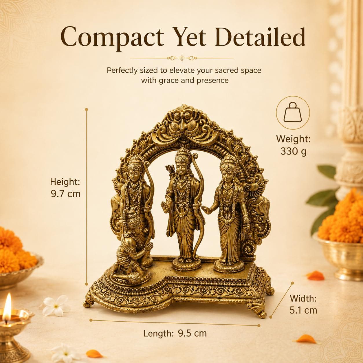 Brass Ram Darbar Idol Set with Hanuman Ji | Traditional Ram Sita Lakshman Idol for Home Mandir, Pooja Room, Temple Décor & Gifting | Antique Gold Finish (Small) — Detail view