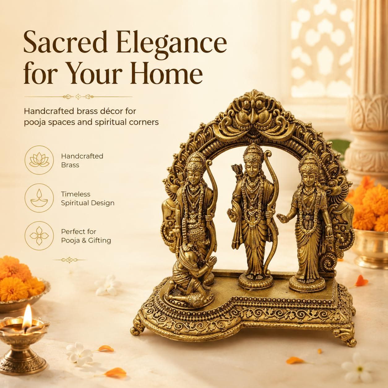 Brass Ram Darbar Idol Set with Hanuman Ji | Traditional Ram Sita Lakshman Idol for Home Mandir, Pooja Room, Temple Décor & Gifting | Antique Gold Finish (Small) — Lifestyle view