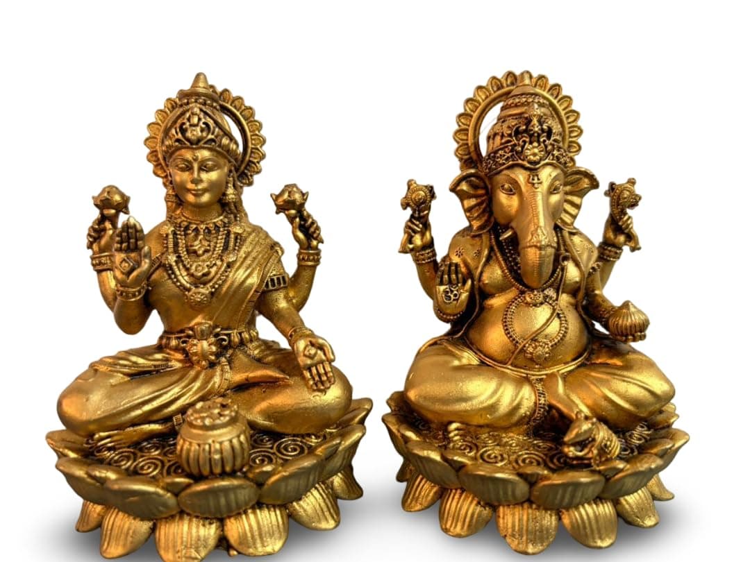 Little Divinity Pure Brass Laxmi Ganesh Idol for Temple | Traditional Puja Murti for Home & Office | Light Weight Brass Laxmi Ganesh Murti for Mandir (Yellow, 3.5 Inch)