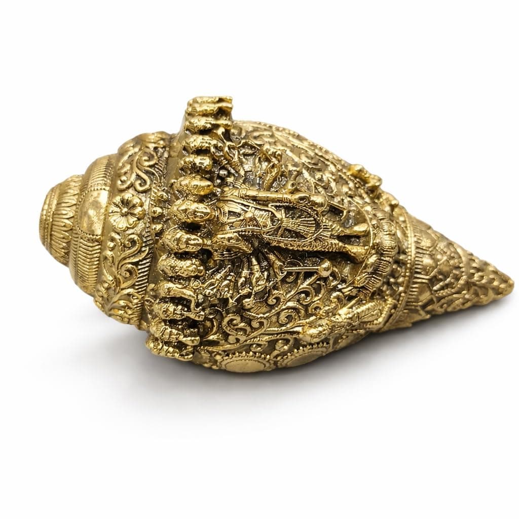 Little Divinity Brass Vishu Shankh Conch with Swastik Kalash | Hindu Puja Decor | Table Top & Wall Hanging | Vastu Feng Shui | Home Temple Office Decor | Diwali Gift | Antique Gold | 4.3 Inch
