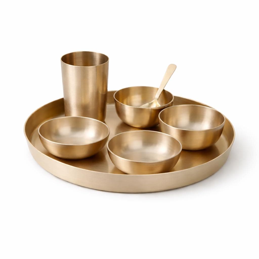 Little Divinity Pure Kansa Dinner Set 6-Piece | Bronze Thali Set with 10.5 Inch Plate, 2 Bowls, Glass, Sweet Dish & Spoon | Matte Finish, Authentic Lead-Free Kansa for Pooja & Daily Use Home Use Set