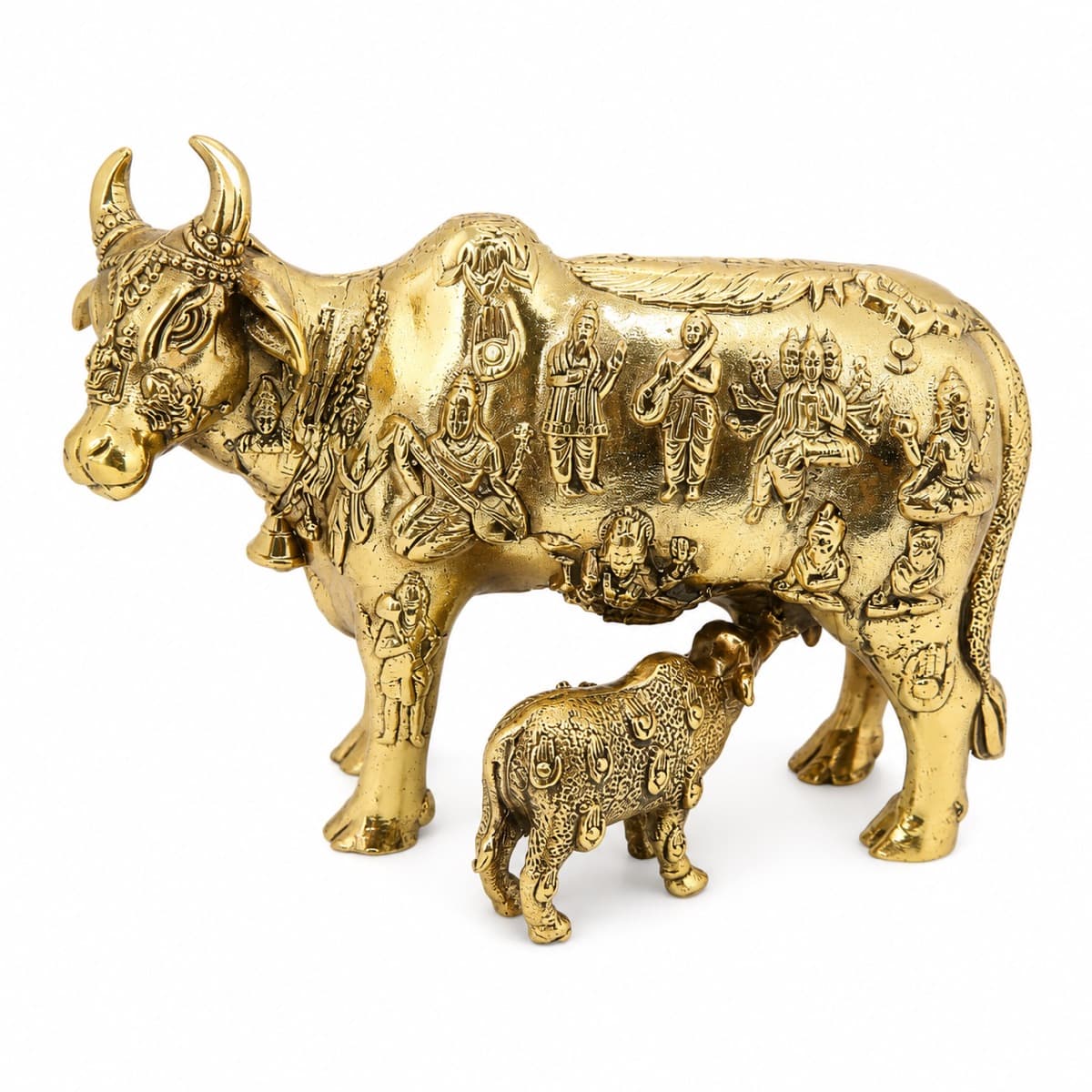 Kamdhenu Cow with Calf Brass Idol for Home Temple, Vastu & Spiritual Décor | Premium Brass Gau MATA Murti for Pooja Room, Office, Gift & Positive Energy | H-9cm | 293 G