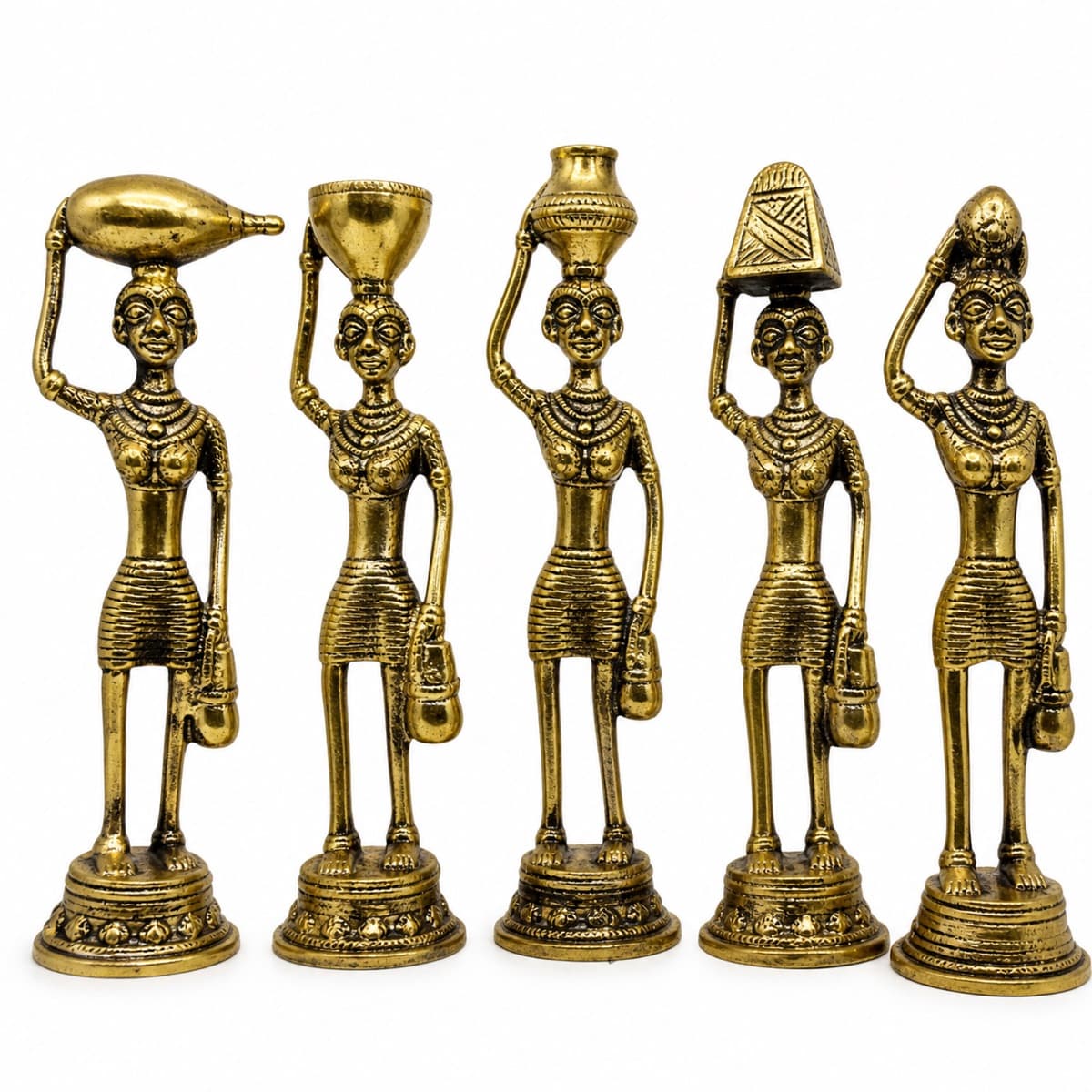 Brass Tribal Lady Figurine Set of 5, Decorative Handcrafted Ethnic Showpieces, Dhokra Art Style Home Decor, Living Room Console Shelf Office Table Display, Gift for Festivals