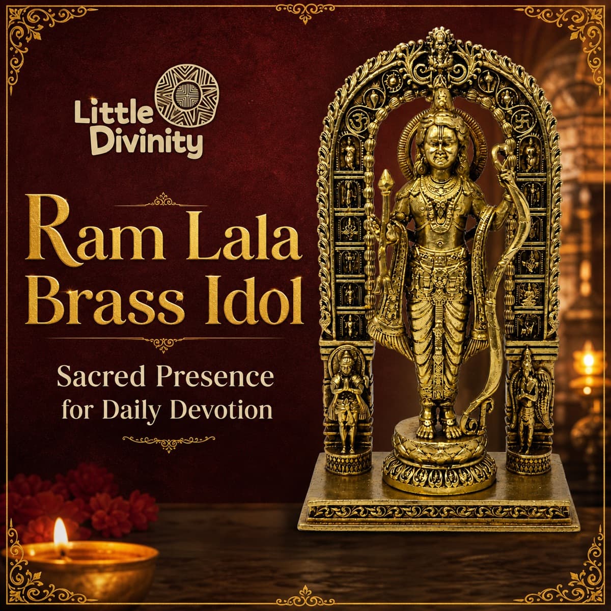Ram Lalla Brass Idol for Pooja, Home Temple Decor, Ayodhya Style Ram Murti, Brass God Statue for Home Gifting, 14.5 cm, 340 g — Detail view