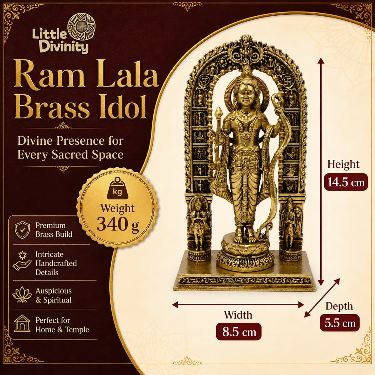 Ram Lalla Brass Idol for Pooja, Home Temple Decor, Ayodhya Style Ram Murti, Brass God Statue for Home Gifting, 14.5 cm, 340 g — Lifestyle view