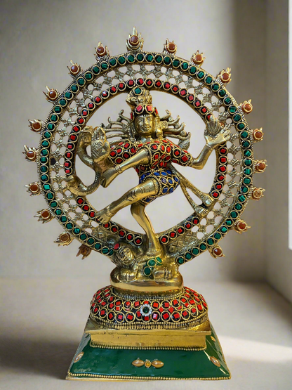 Brass Nataraja Statue with Gemstone Embellishments