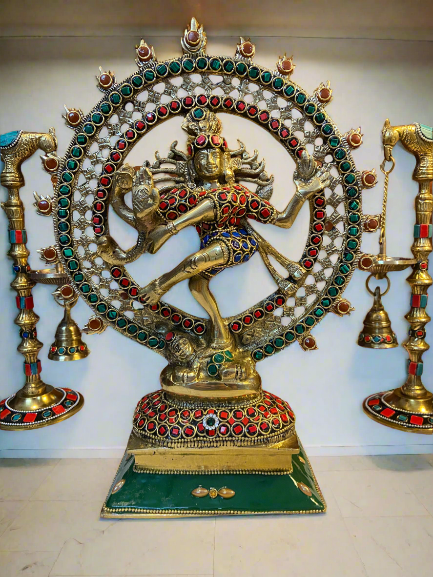 Brass Nataraja Statue with Gemstone Embellishments