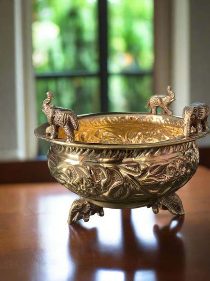 Brass Urli with Elephant Motifs – Traditional Decorative Centerpiece