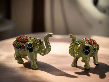 Brass Elephant Pair with Natural Stones – Symbol of Prosperity