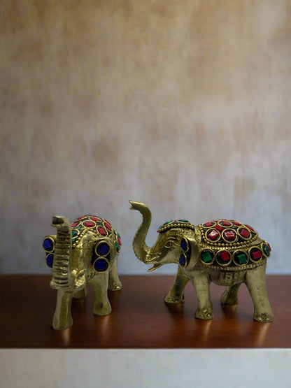 Brass Elephant Pair with Natural Stones – Symbol of Prosperity