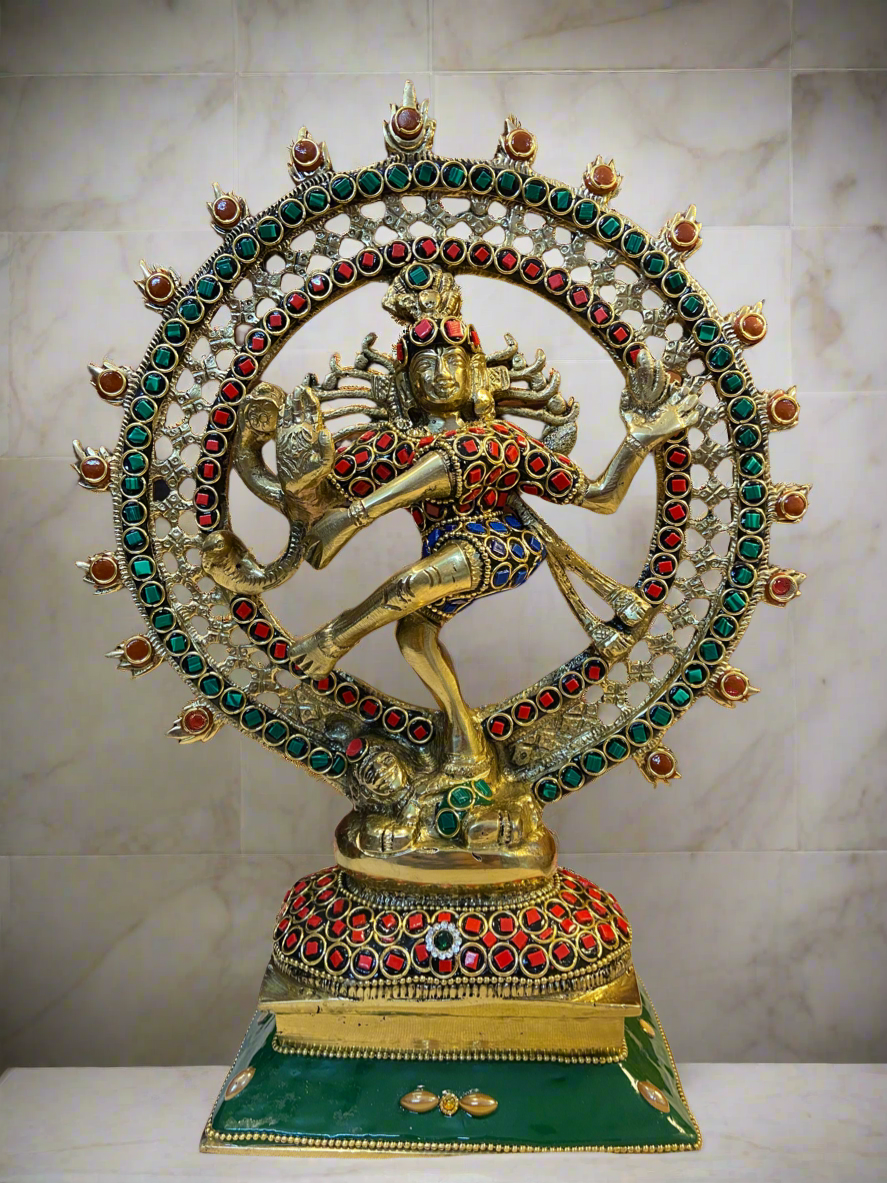 Brass Nataraja Statue with Gemstone Embellishments