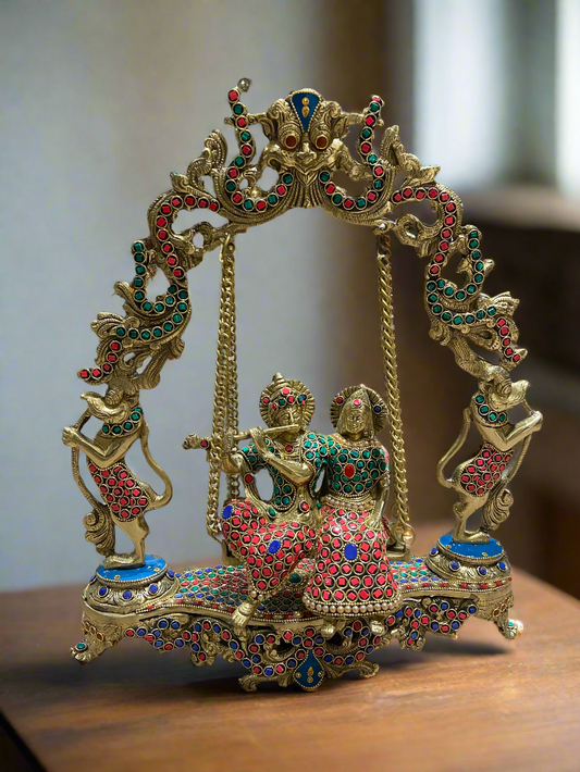 Brass Radha Krishna Swing with Intricate Stonework | Divine Jhula for Home Temple