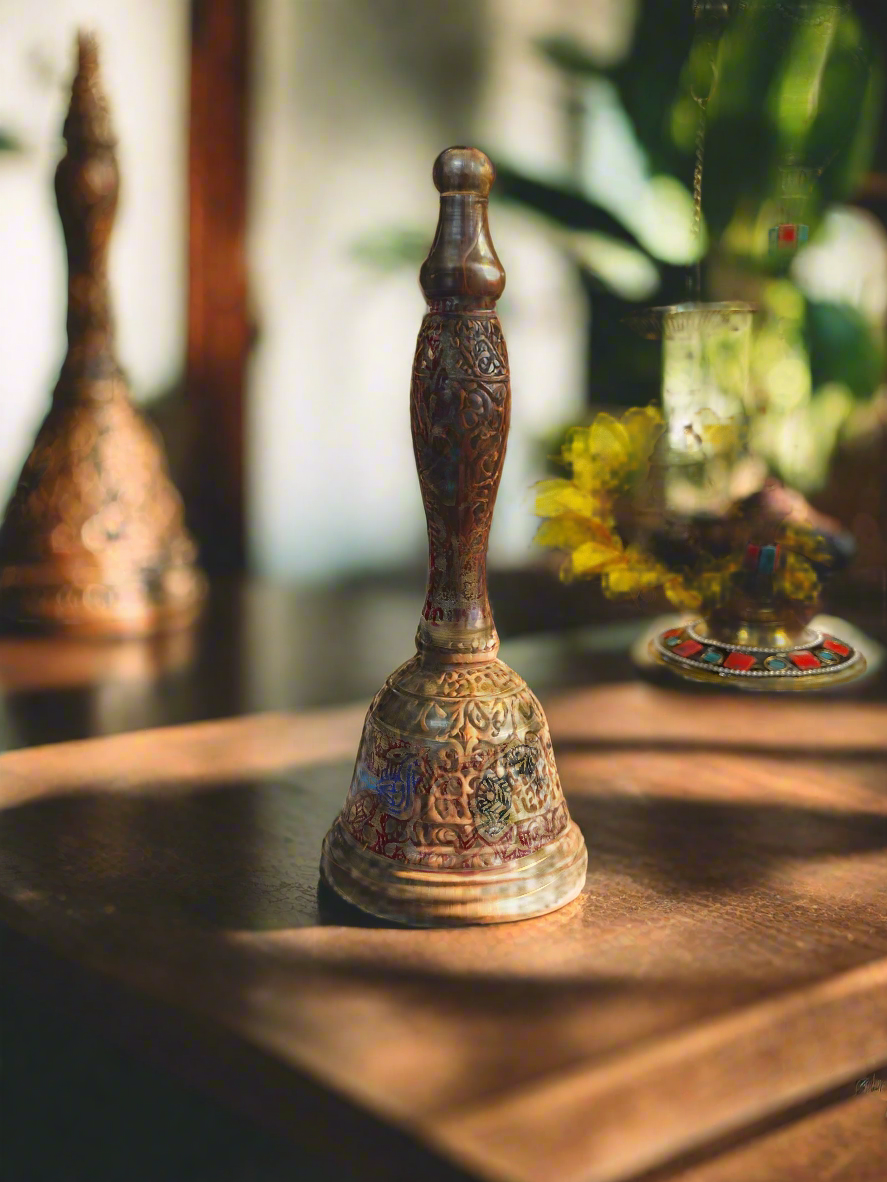 Handcrafted Brass Pooja Bell with Enamel Work | Auspicious Temple Ghanti