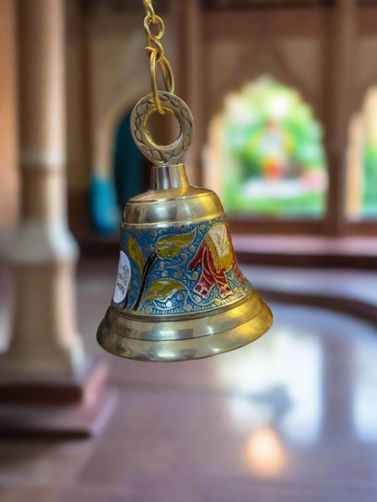 Brass Temple Bell with Enamel Elephant Design | Sacred Puja Bell for Home Temple