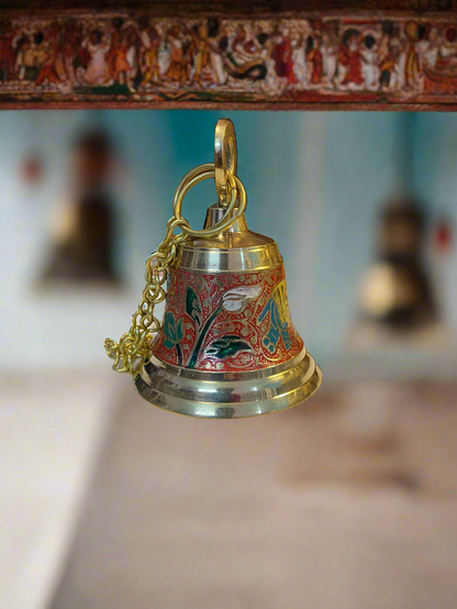 Brass Temple Bell with Enamel Elephant Design | Sacred Puja Bell for Home Temple