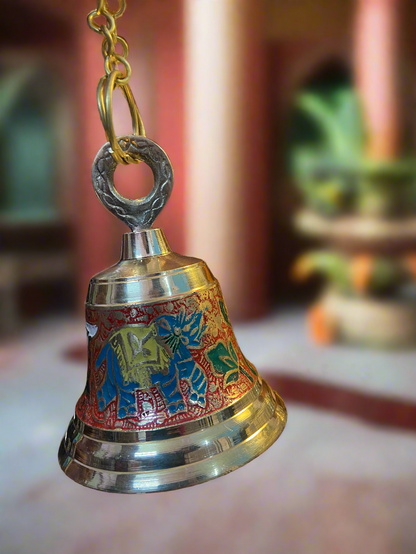 Brass Temple Bell with Enamel Elephant Design | Sacred Puja Bell for Home Temple