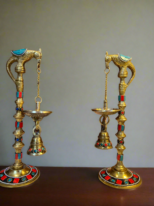 Brass Parrot Diya Stands with Stone Inlay | Traditional Indian Oil Lamps