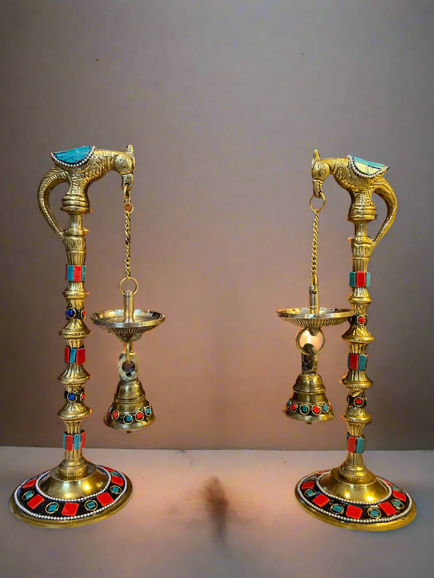 Brass Parrot Diya Stands with Stone Inlay | Traditional Indian Oil Lamps