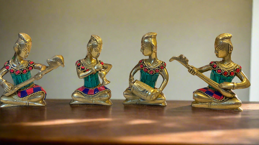 Brass Tribal Musicians Set with Gemstone Inlay