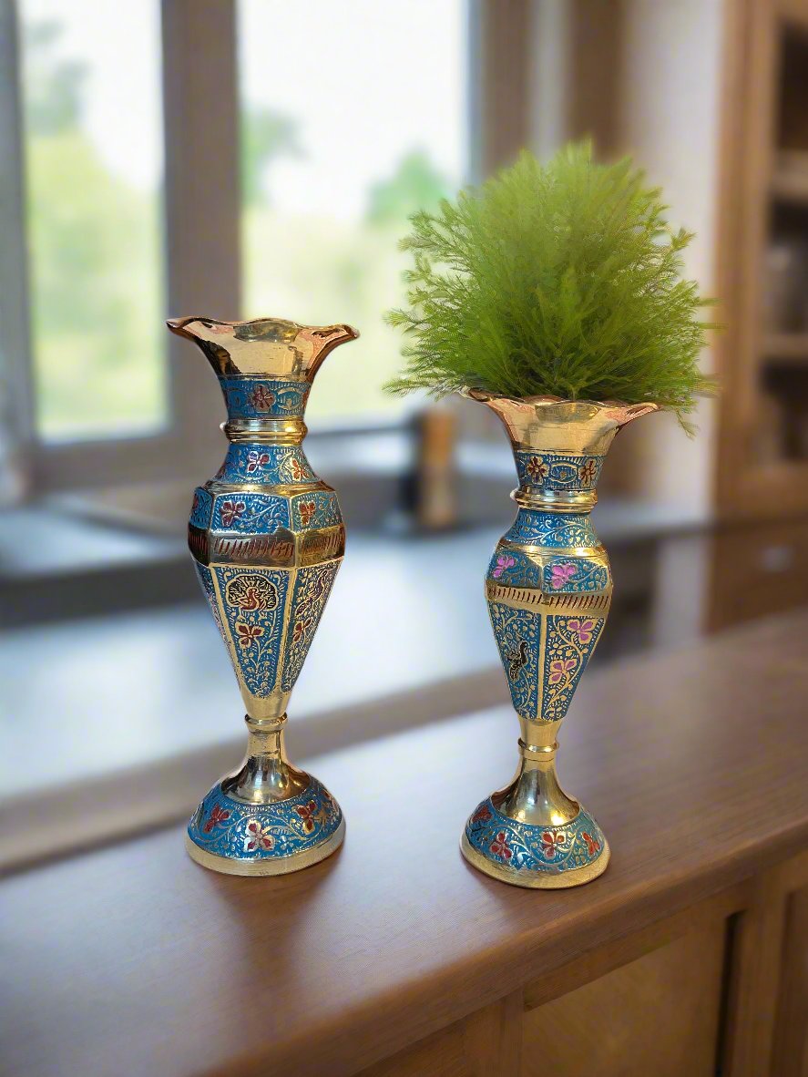 Enamel Painted Brass Vases