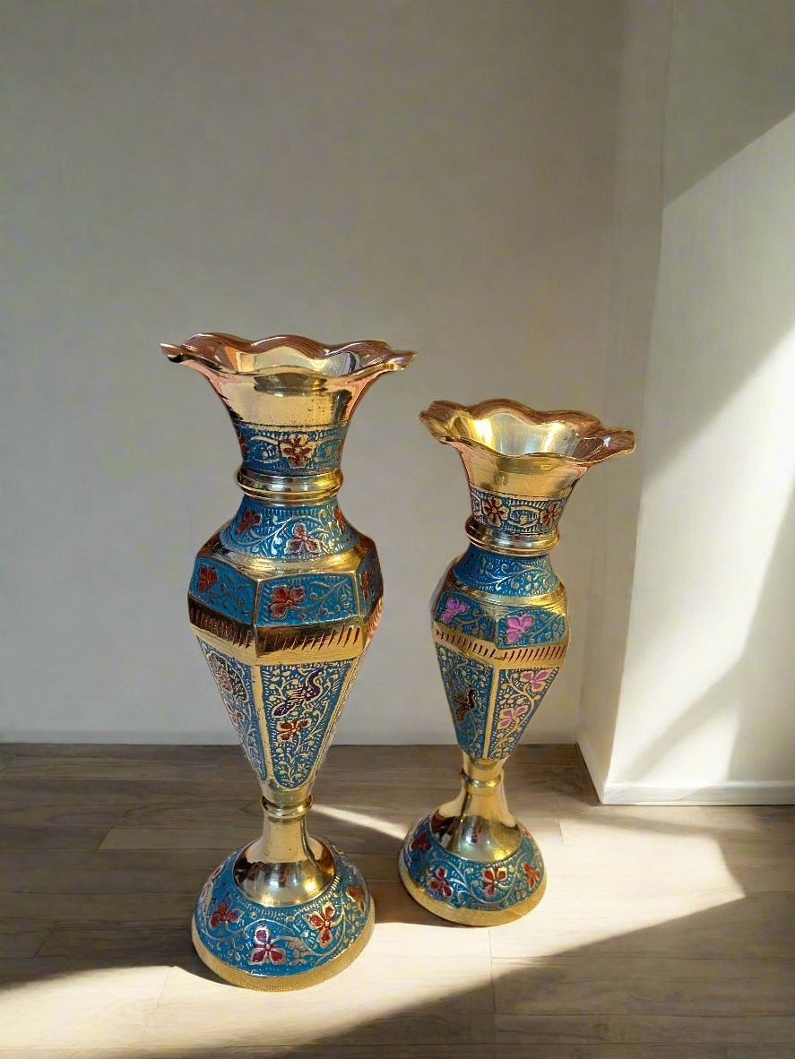 Enamel Painted Brass Vases