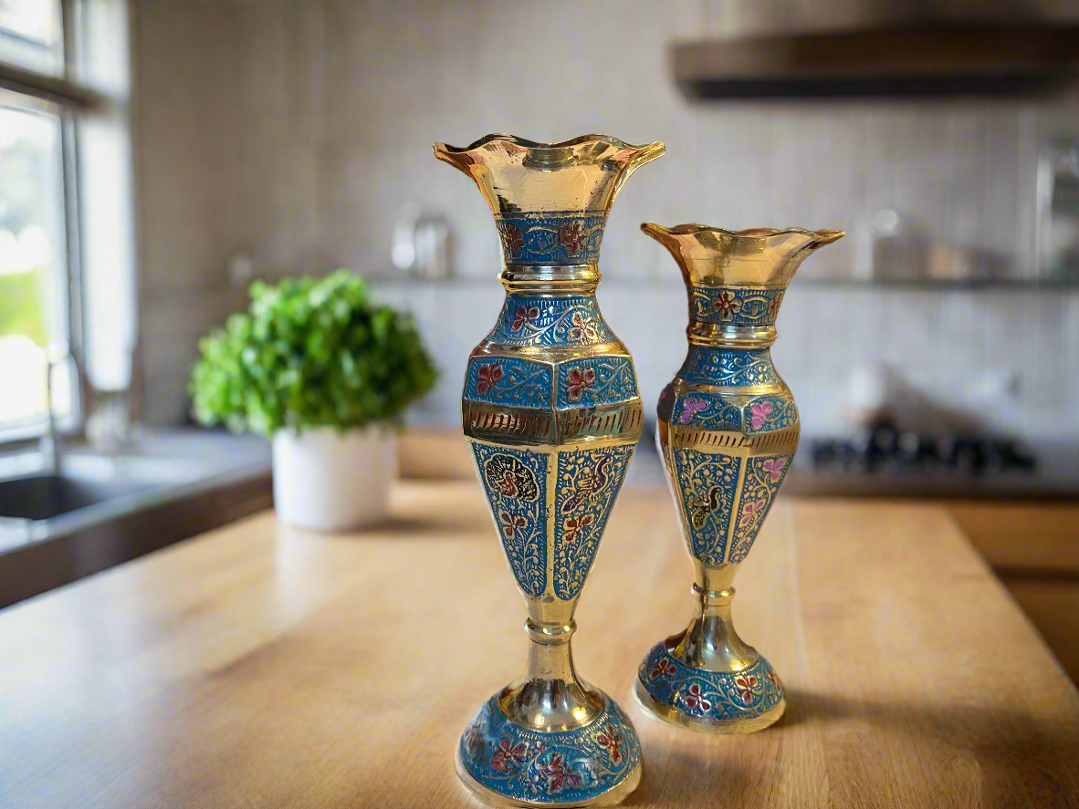 Enamel Painted Brass Vases