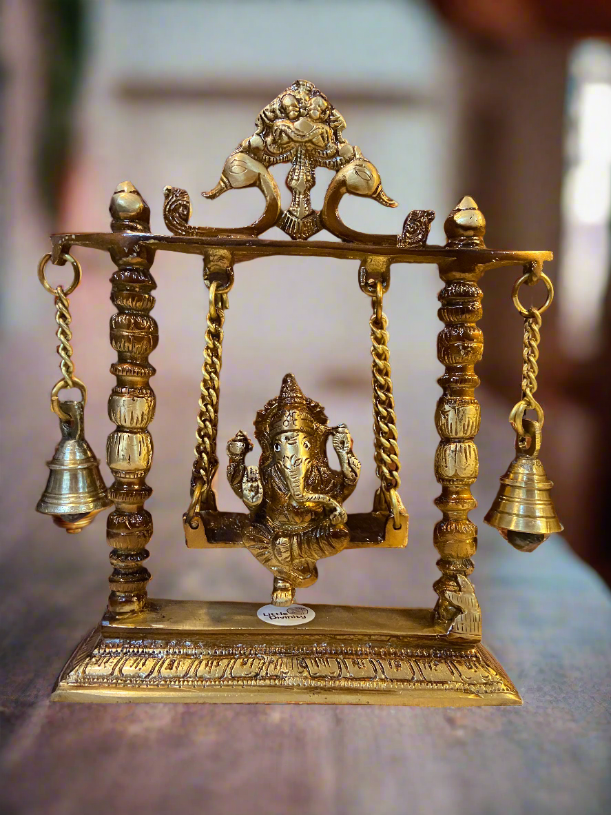 Brass Lord Ganesha on Swing | Handcrafted Temple Decor with Bells