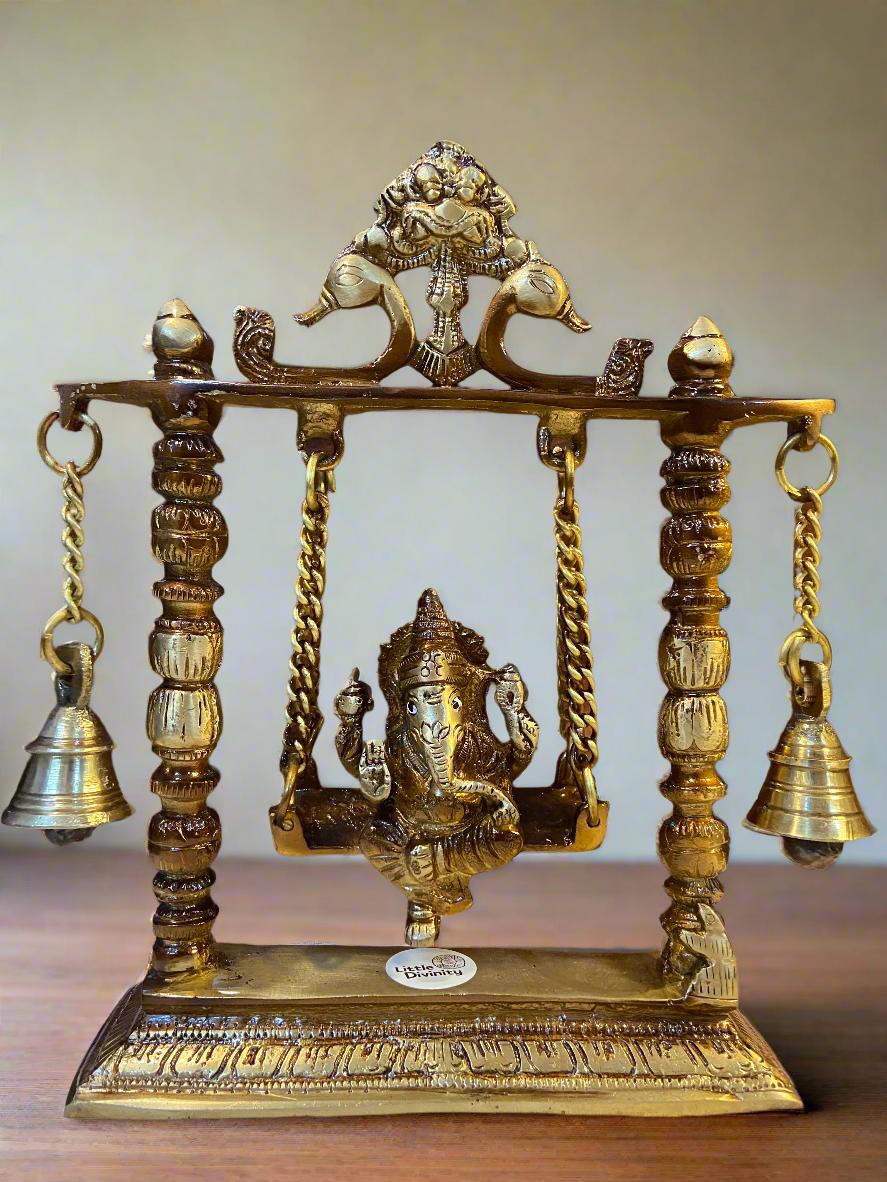 Brass Lord Ganesha on Swing | Handcrafted Temple Decor with Bells