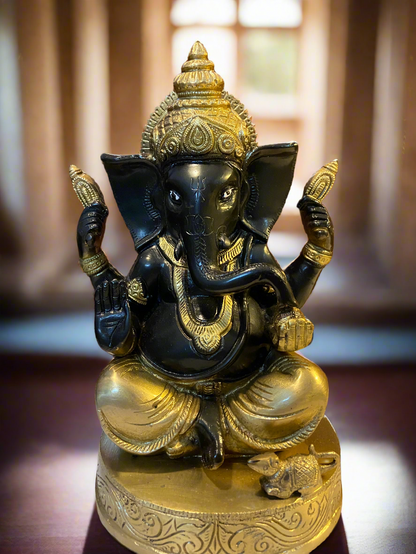 Black and Gold Brass Ganesha Statue | Handcrafted Indian Decor for Home and Temple