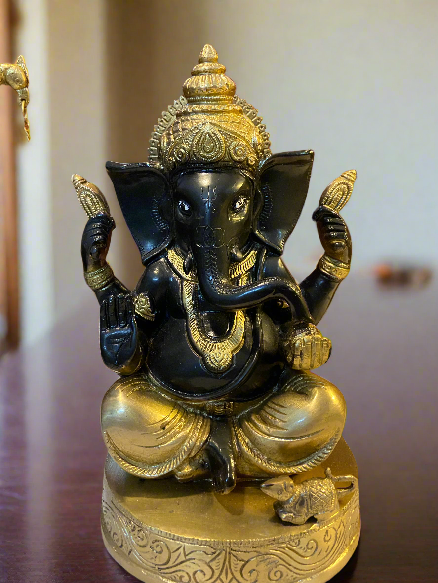 Black and Gold Brass Ganesha Statue | Handcrafted Indian Decor for Home and Temple