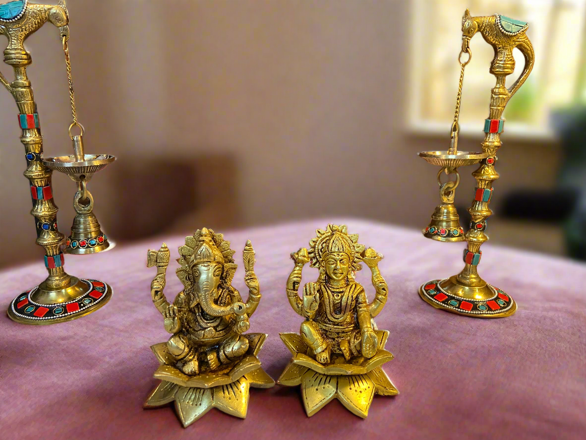 Brass Lakshmi Ganesh Set on Lotus Base | Handcrafted Indian Decor for Home and Temple