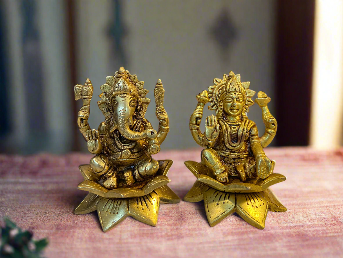 Brass Lakshmi Ganesh Set on Lotus Base | Handcrafted Indian Decor for Home and Temple