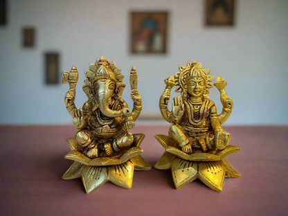 Brass Lakshmi Ganesh Set on Lotus Base | Handcrafted Indian Decor for Home and Temple