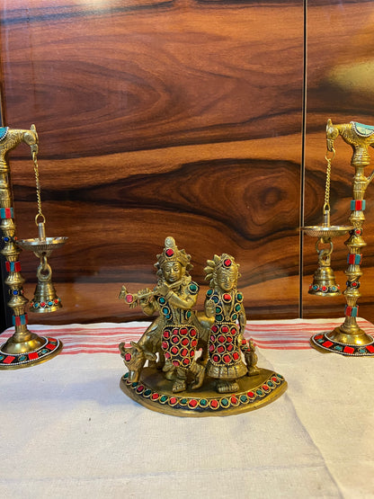 Brass Radha Krishna Figurine with Stone Inlay | Handcrafted Indian Decor for Home and Temple