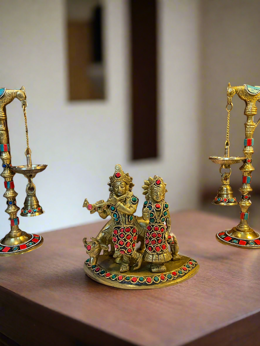 Brass Radha Krishna Figurine with Stone Inlay | Handcrafted Indian Decor for Home and Temple