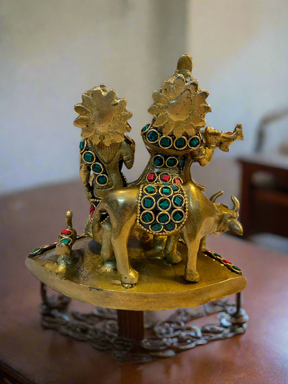 Brass Radha Krishna Figurine with Stone Inlay | Handcrafted Indian Decor for Home and Temple