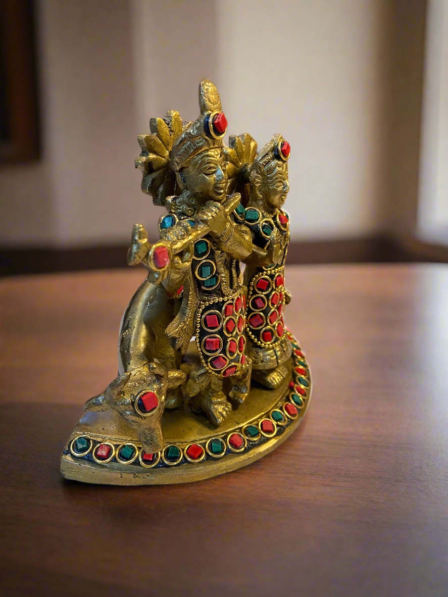 Brass Radha Krishna Figurine with Stone Inlay | Handcrafted Indian Decor for Home and Temple