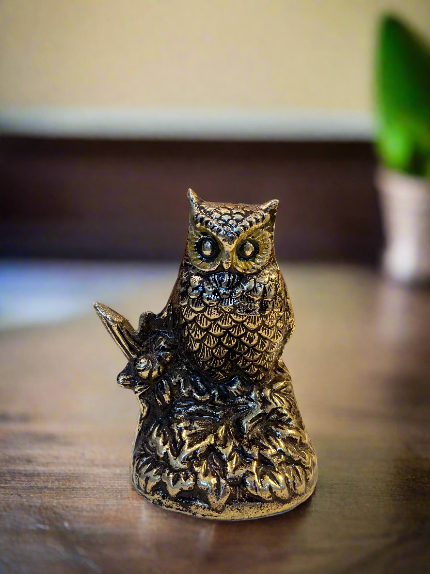 Brass Owl Figurine on Leaf Base | Handcrafted Indian Decor for Home and Office