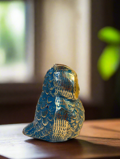 Brass Owl Statue in Blue and Gold | Symbol of Wisdom and Prosperity